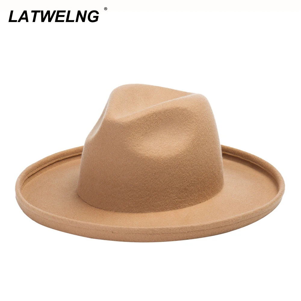 

2021 New Crimping Fedoras Hat For Women Wide-brimmed Woolen Jazz Hat Ladeis Party Wedding Caps Autumn Winter Warm Hats Wholesale