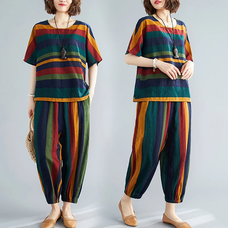 

2Piece Sets Women Cotton Linen Outfits Fashion Stripe Short Sleeve O-neck Tops+Loose Harem Pants 2022Summer Casual Two Piece Set