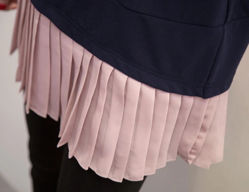 

Women T-shirts Spring Autumn 2021 Fashion Turn-down Collar Long Sleeve Patchwork Pink Pleated Chiffon Ruffle Tops