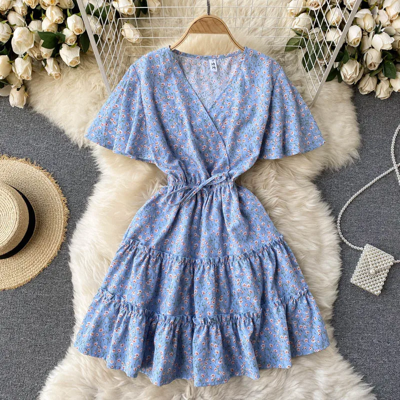 

Ladies 2021 New Spring Summer Print Casual Dress Bandage V Neck Ruffle Vintage Floral Women's Short Sleeve Mini Dress