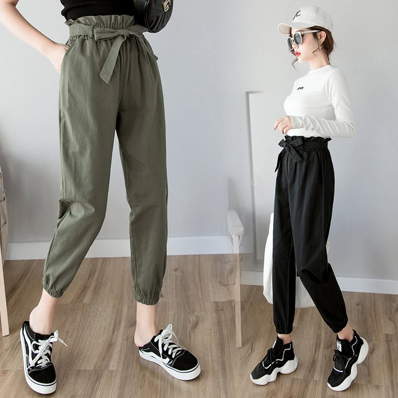 Модные свободные штаны с высокой посадкой одноцветные шаровары брюки для