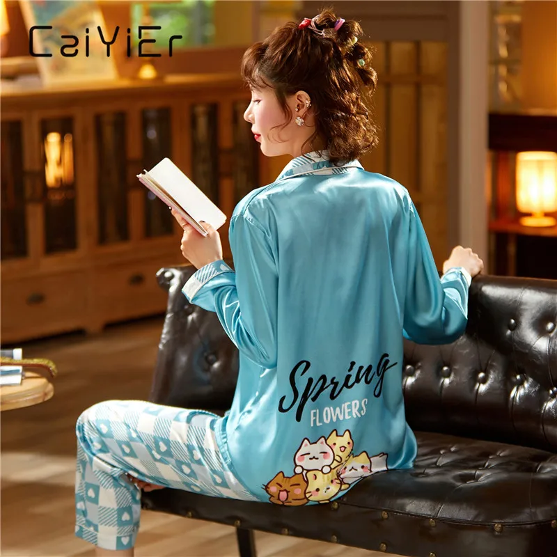 CAIYIER New Pink Cute Cat Back Print Women Silk Pajamas Set Winter Fashion Girl Nightwear Long Sleeve Large Size Sleepwear M-5XL