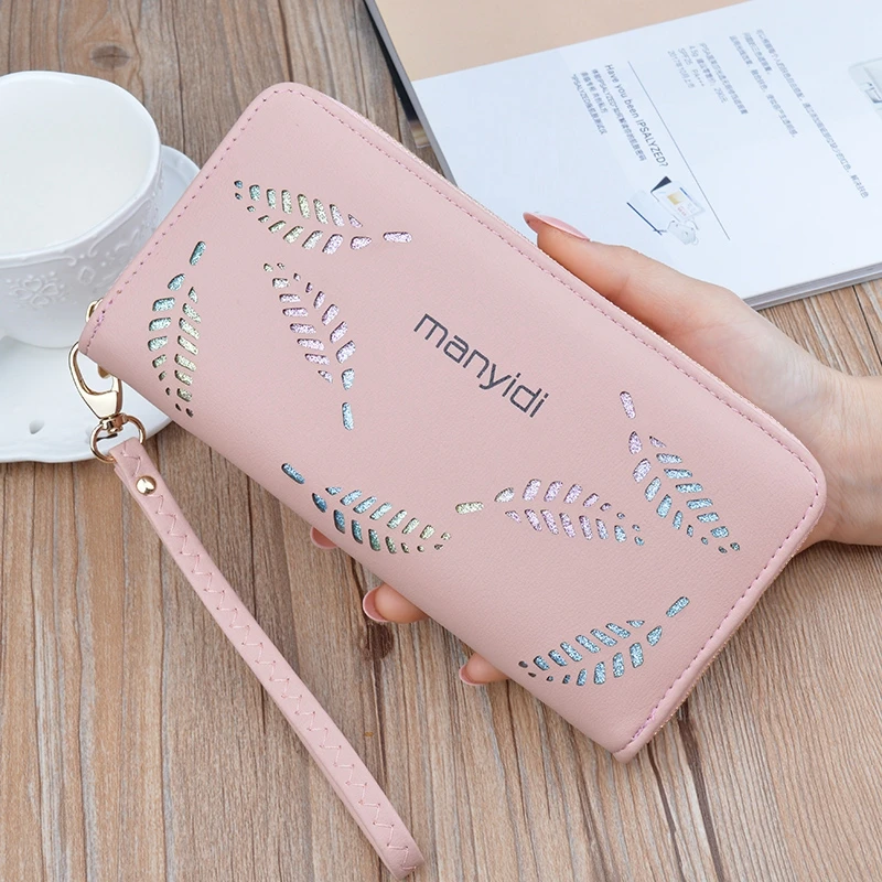 pink SHUJIN, Модный женский кошелек с полыми листьями, женские кошельки, длинный секционный клатч, кошелек, мягкий из искусственной кожи, держатель для удостоверения личности, сумка для денег - Цвет: pink