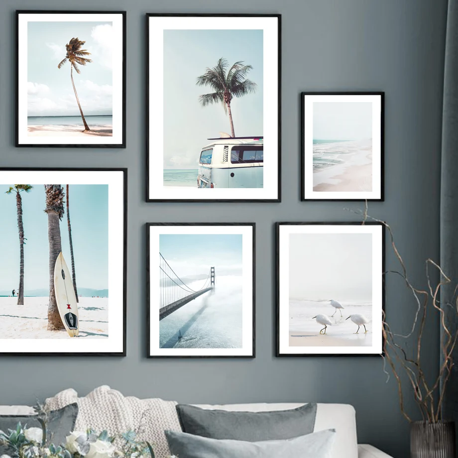 

Egret Beach Surfboard Van Sea Whale Bridge Tree Wall Art Print Canvas Painting Nordic Poster Wall Pictures For Living Room Decor