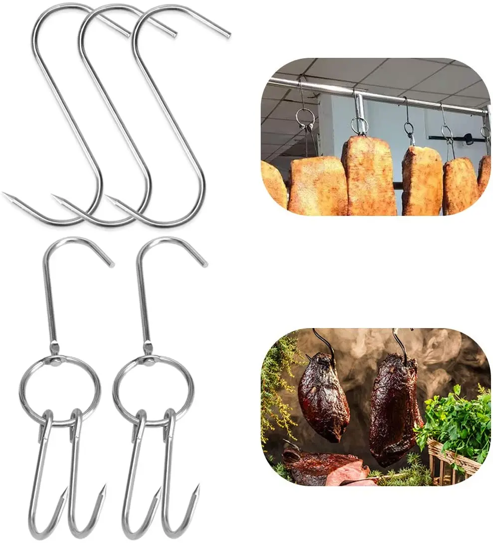 BBQ Hooks 2pcs Stainless Steel Double Hooks + 3pcs S-Hooks for Meat Processing Butcher Hook Hanging Drying BBQ Grill Cooking