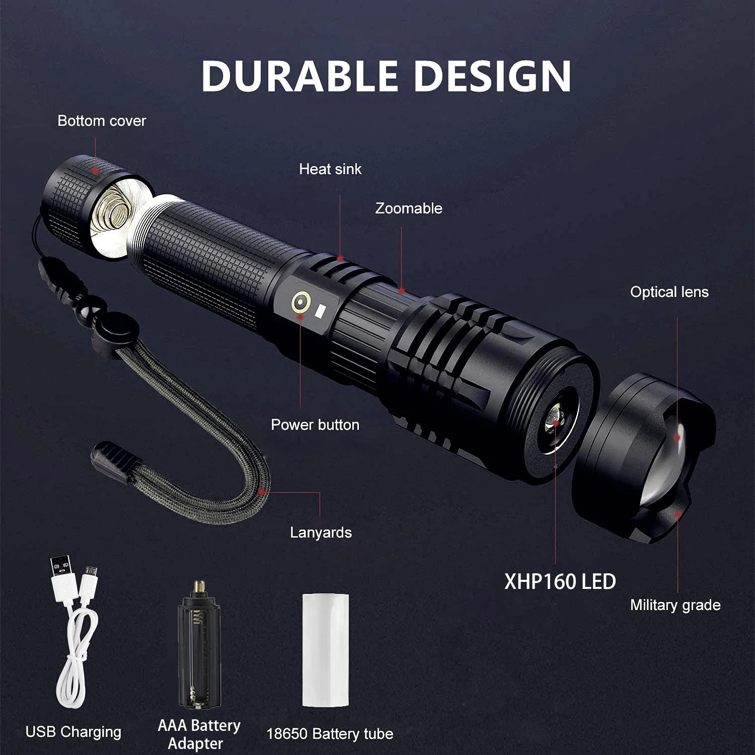high powerful xhp160 led flashlight super bright zoomable tactical flashlight 18650 or 26650 battery usb rechargeable torch free global shipping