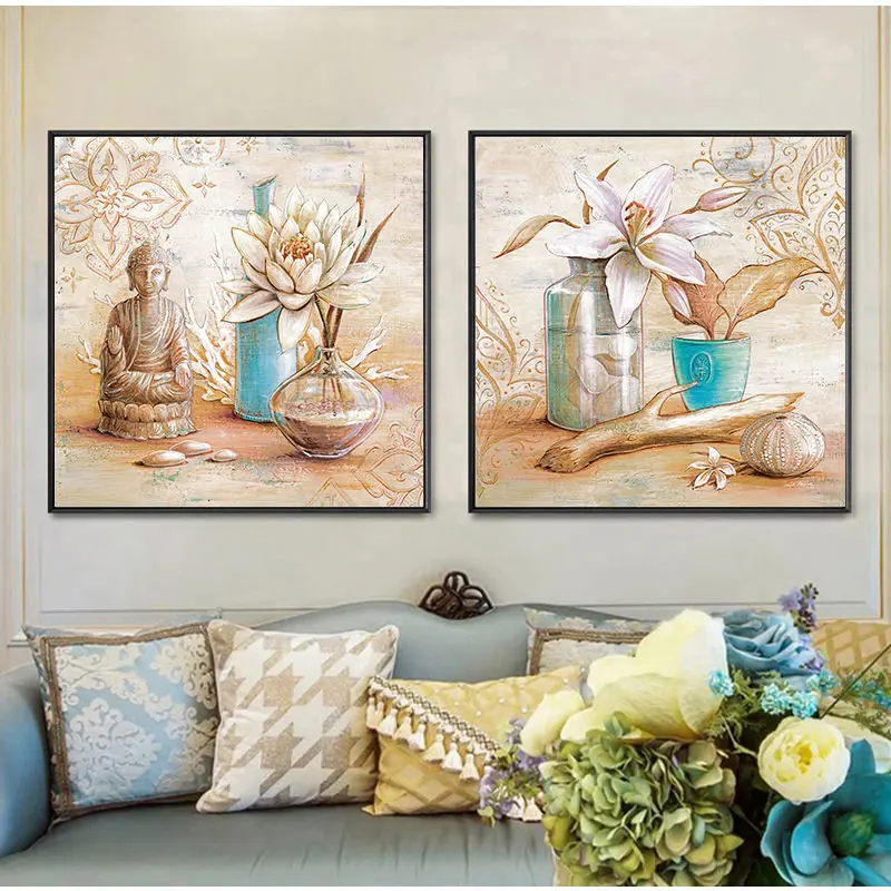 Религия Золотая икона Будды и цветок лотоса принты на холсте настенное искусство