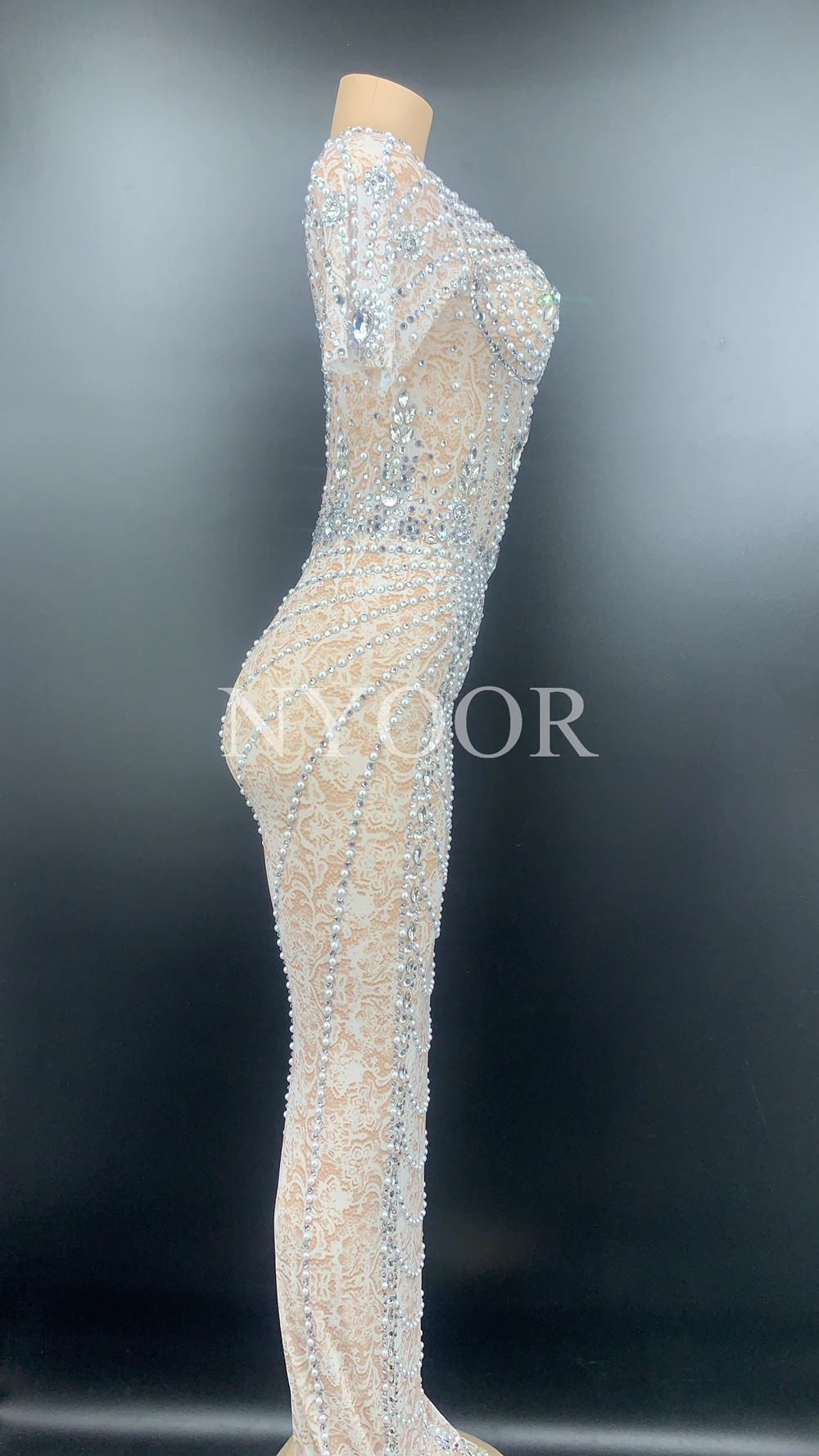 New Short Sleeve Pearls Rhinestones Long Dress Women Prom Party Celebrate Dresses Sexy Transparent Evening Bodycon | Тематическая