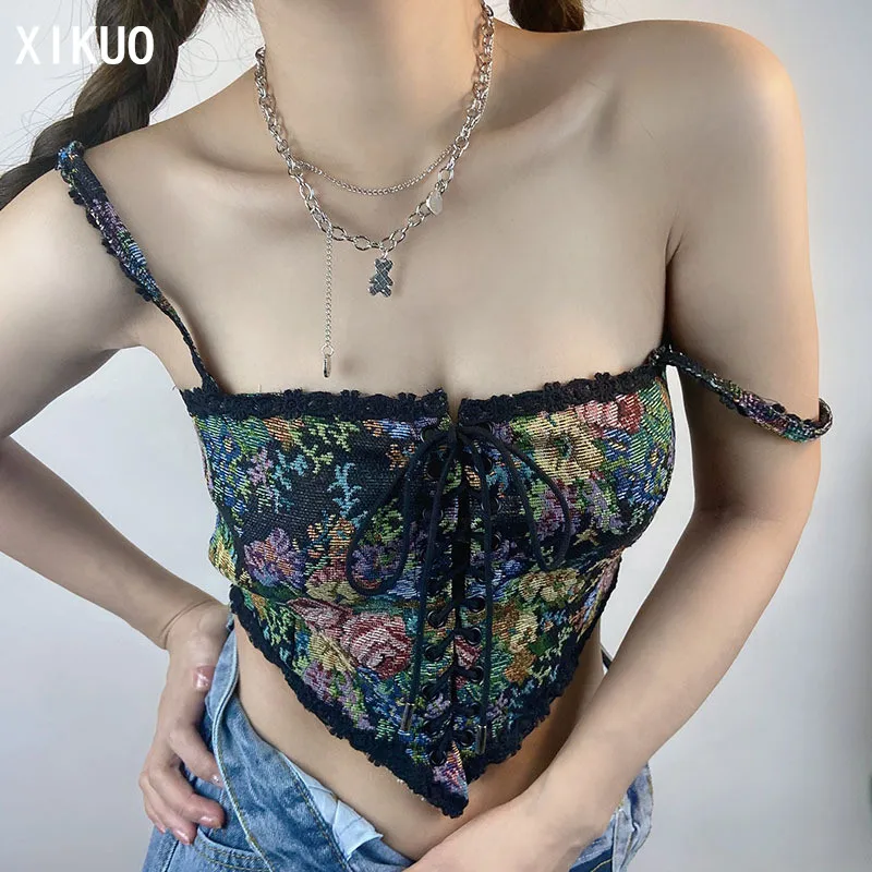 

2021 Women's French Retro Style Camisole Female Heavy Industry Floral Slimming Slimming Lace Corset Wrapped Chest