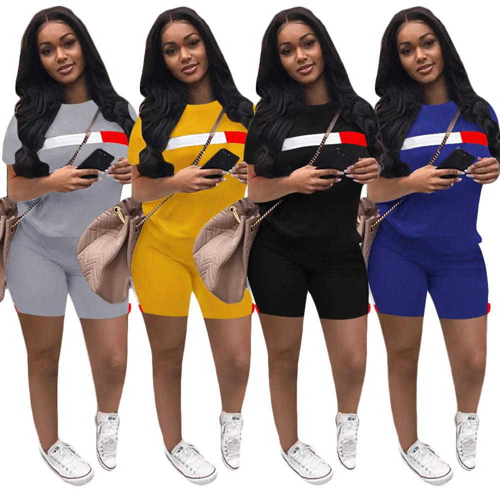 

European and American summer women's fashion casual sports side stripe stitching short sleeve + shorts suit women