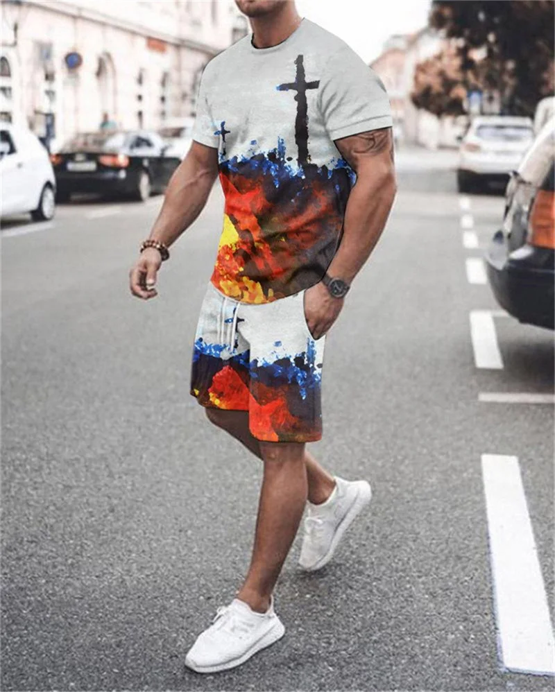 

Новинка 2022, Модный летний мужской костюм, Повседневная футболка с 3D принтом, повседневные шорты, спортивная одежда, мужская спортивная одеж...