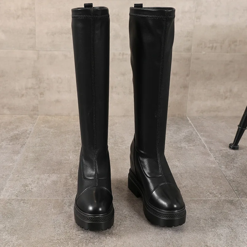 

Swonco Genuine Leather High Boots Wedges Shoes Women Black Chunky High Heel Tall Boots 2020 Autumn Lady Casual Shoes Tall Boot