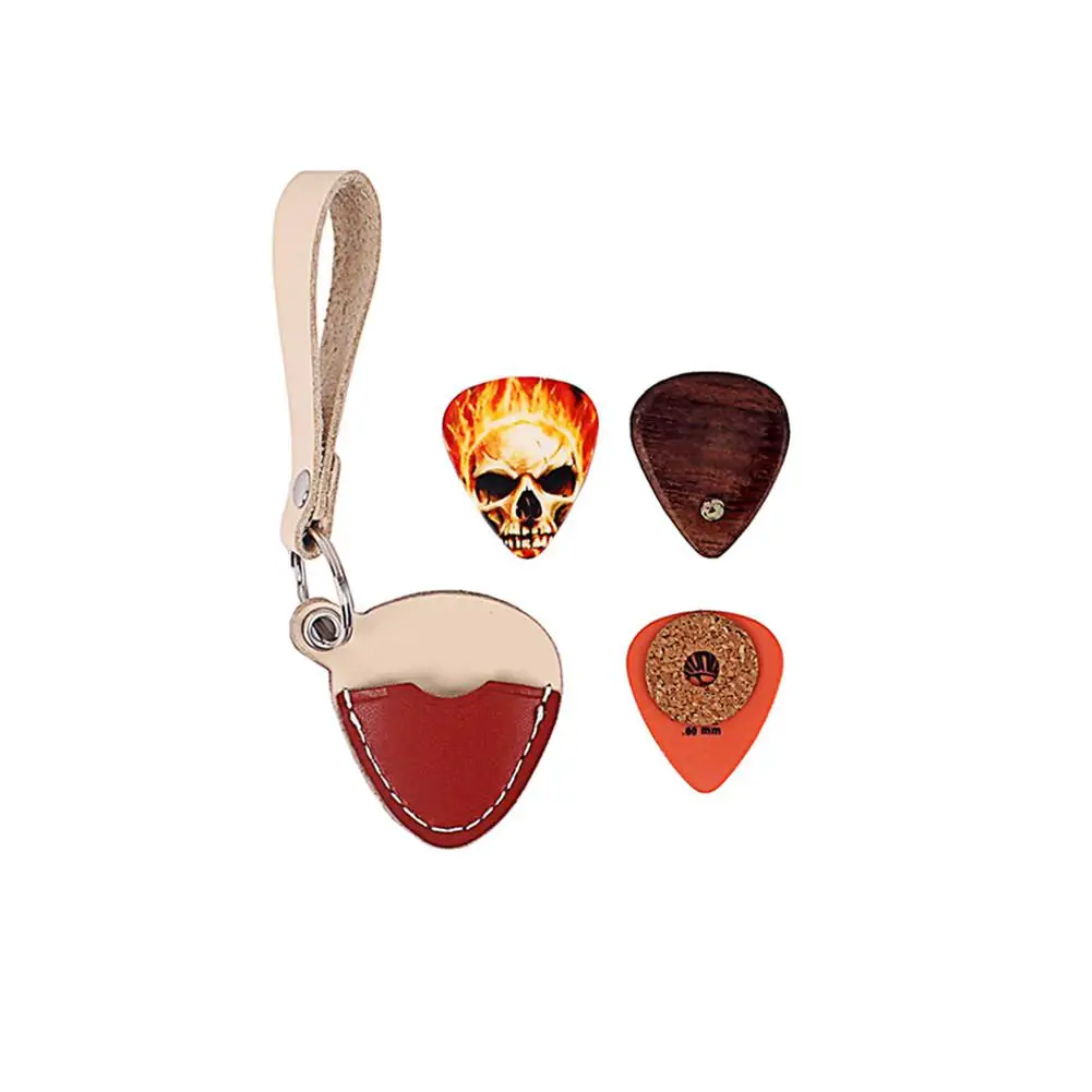 

2020 Hot sale Guitar Plectrum Pick Holder Cow Leather Case Keyring Key Ring Chain for Ukelele Guitar Parts Accessories