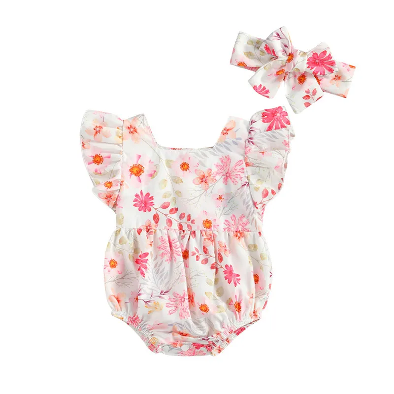 

Summer Baby Girl's Flower Print Flying Sleeve Romper Headwear Two-piece Suit One-Pieces Baby Clothing