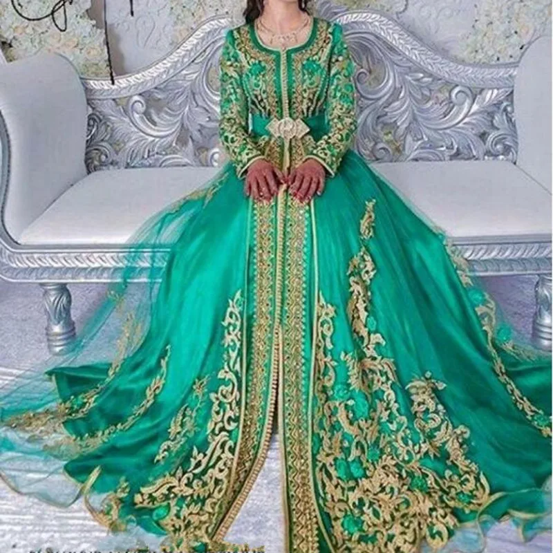 

2021 Emerald Green Muslim Formal Evening Dresses Long Sleeves Abaya Designs Dubai Turkish Prom Dress Party Gowns Moroccan Kaftan