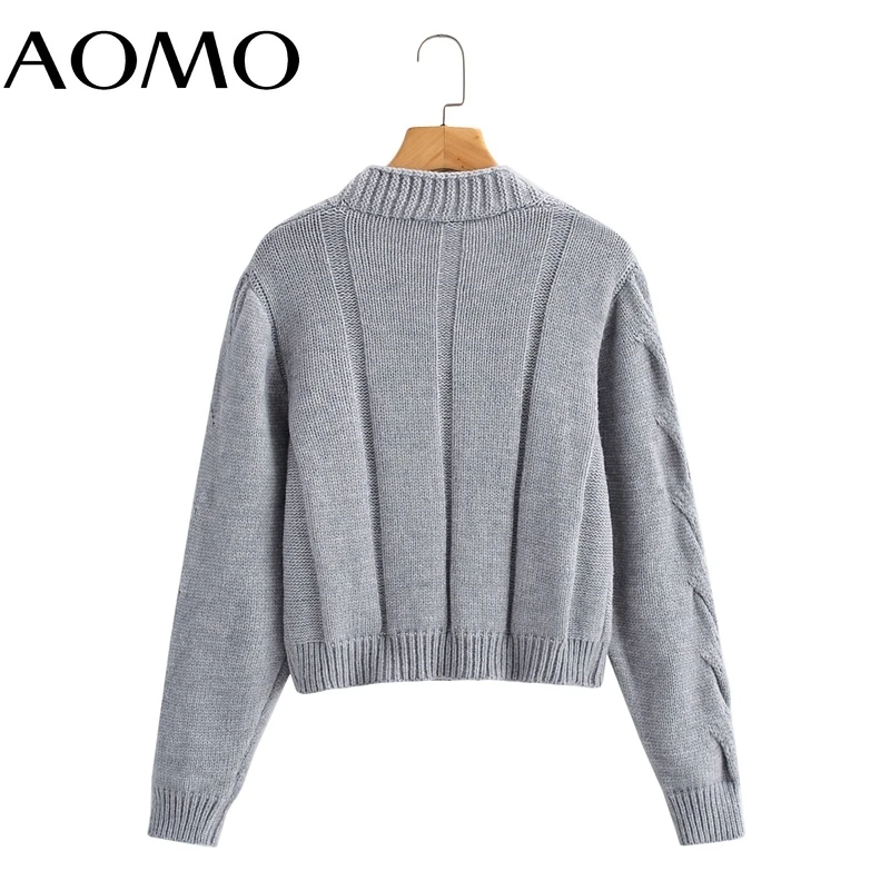 

AOMO Women Elegant Twist Gray Crop Cardigan Vintage Jumper 2021 Knitted Cardigan 1F206A