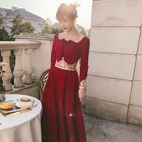 Off Shoulder Pleated Cheongsam Maxi Burgundy Lady Dress Gown Sexy Square Collar Vintage Embroidery Floral Long Sleeve Vestidos