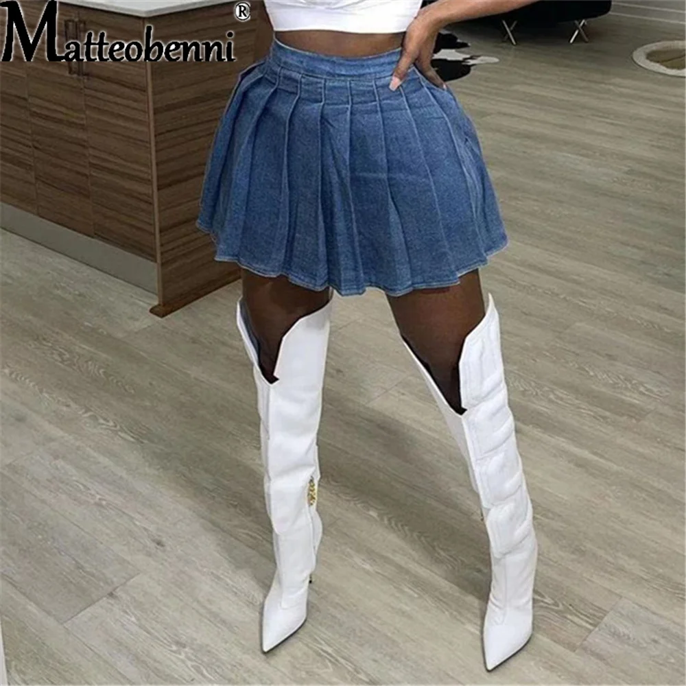 

2021 Summer Denim Mini Skirt For Women High Waist Pleated Skirt Elegant Ladies Fashion Casual Streetwear Party Club Girl Clothes