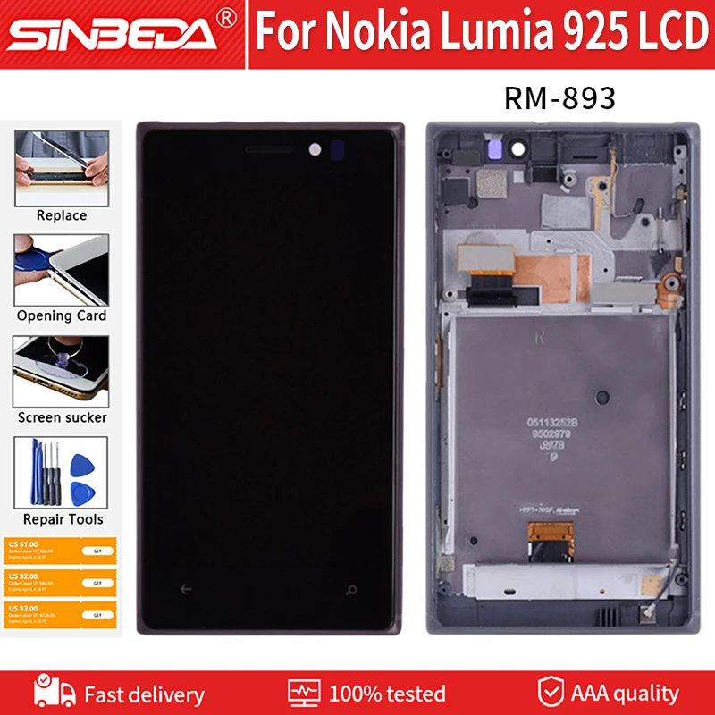 

Sinbeda LCD For Nokia Lumia 925 Original LCD Display Touch Screen 4.5 inch Digitizer Assembly Replacement With Frame Free Tools