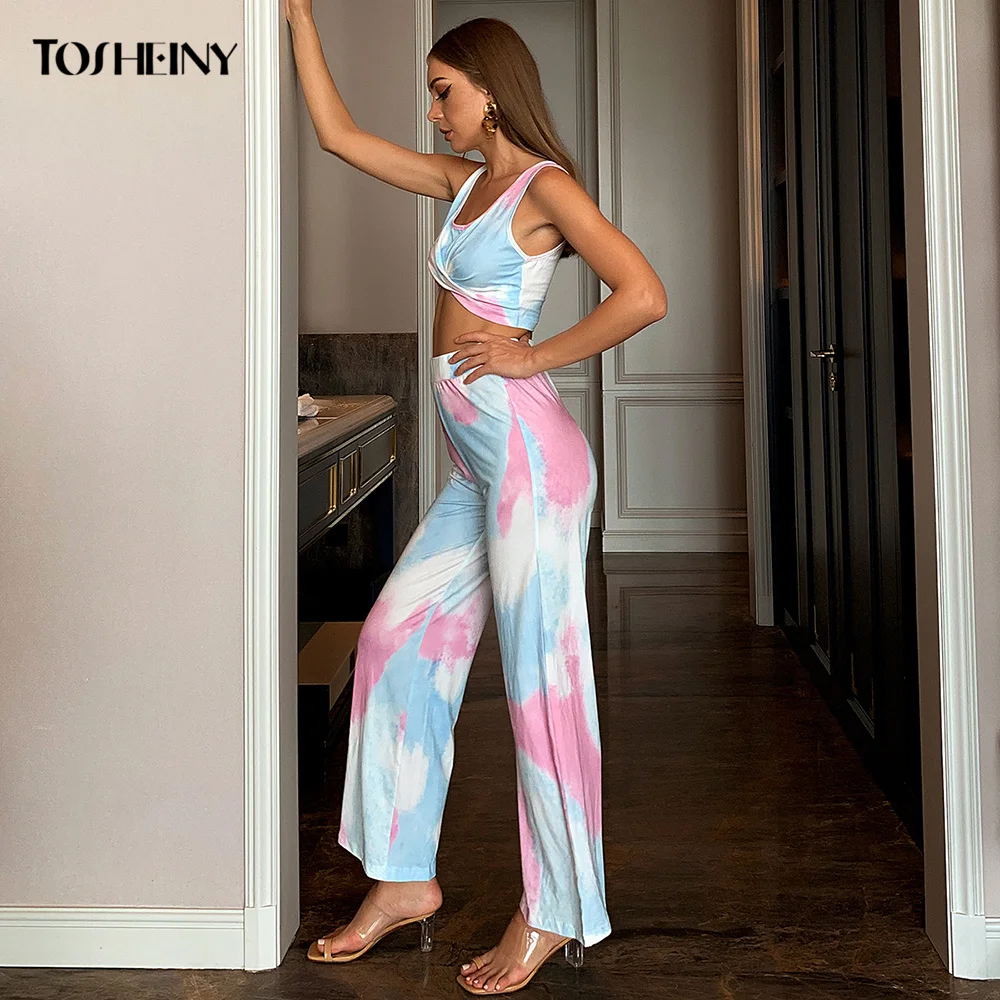 

Tosheiny Tie Dye Print Two Piecs Sets Sexy Women Tracksuit Crop Top Elastic Waist Long Pants Set Summer Casual Sports Suit M0345
