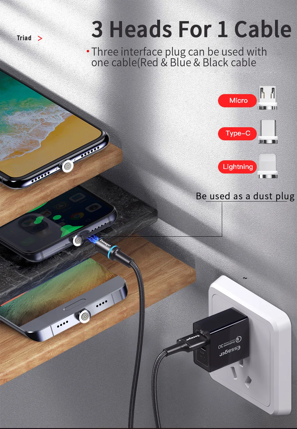 Магнитный кабель Micro USB Essager для IPhone samsung Android, кабель USB для быстрой зарядки, 3 м шнур, Магнитный адаптер зарядного устройства