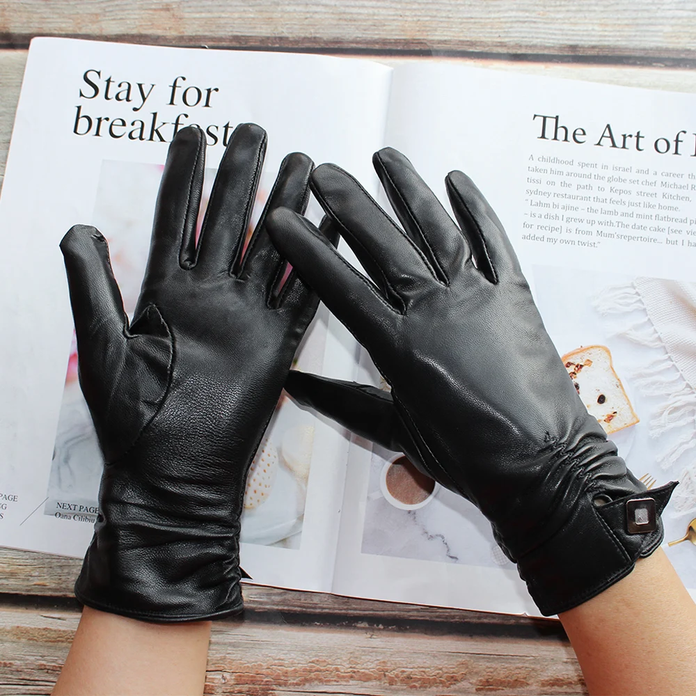 New Women's Fashion Black Leather Gloves Two Kinds Of Inner Lining Winter Cold And Warm Fashion Sheepskin Gloves