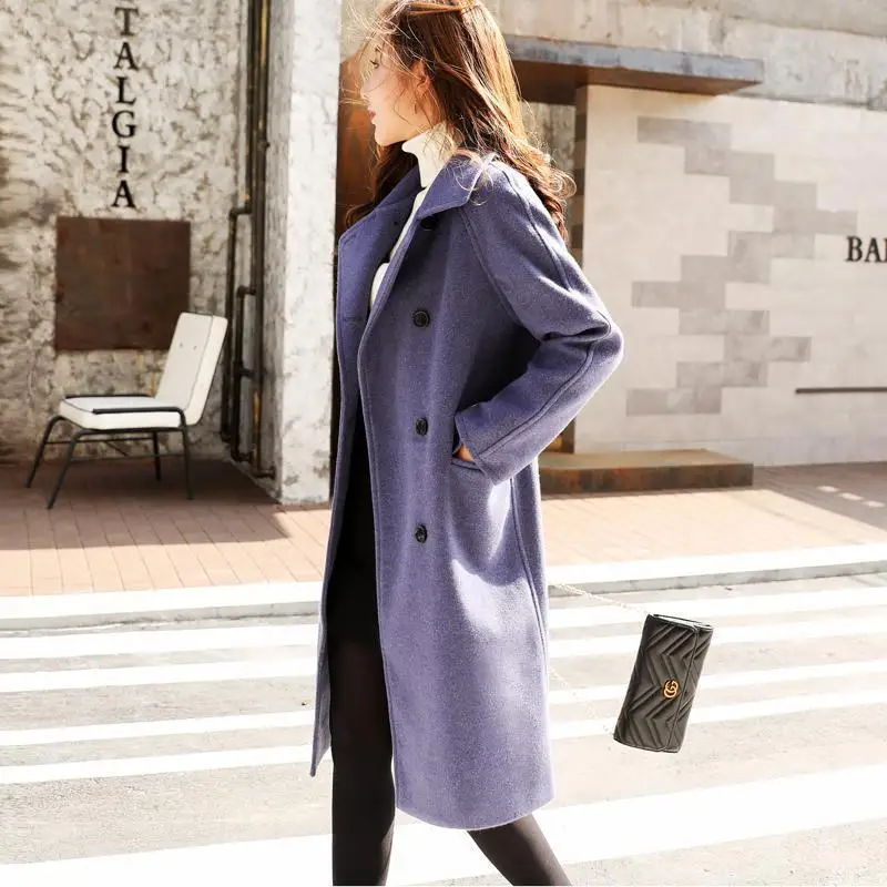 Женское винтажное однобортное пальто синее шерстяное средней длины с отложным