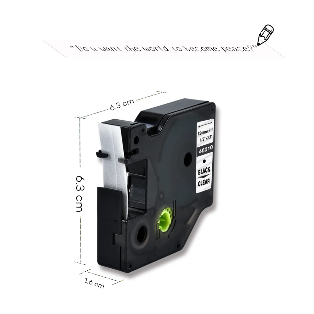 Yance 45010 совместимая наклейка с Dymo принтером D1 12 мм черная на прозрачной этикетке