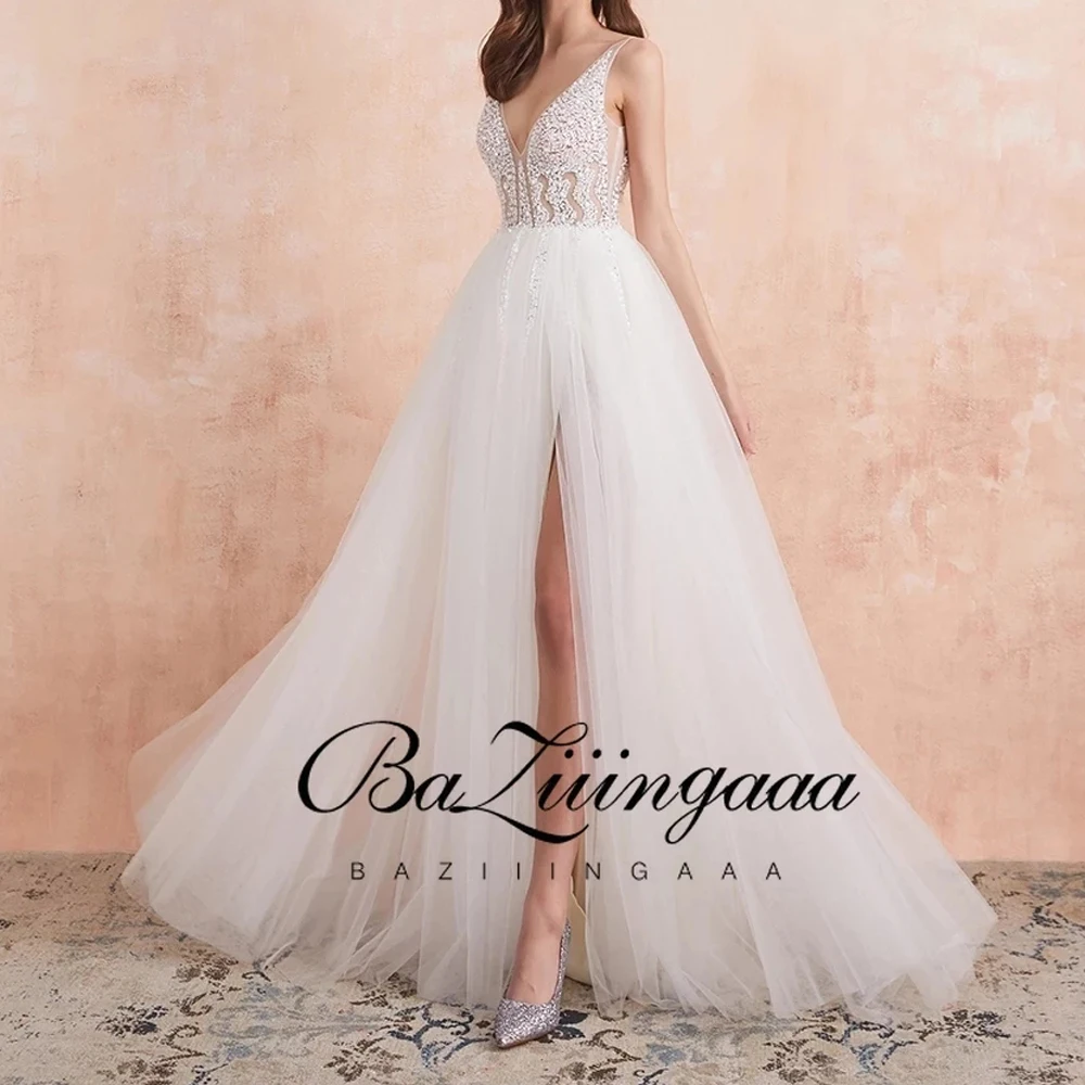 

White Prom Dresses Long 2021 V Neck Beading High Split Tulle Sweep Train Sleeveless Evening Gown A-Line Backless Robe De