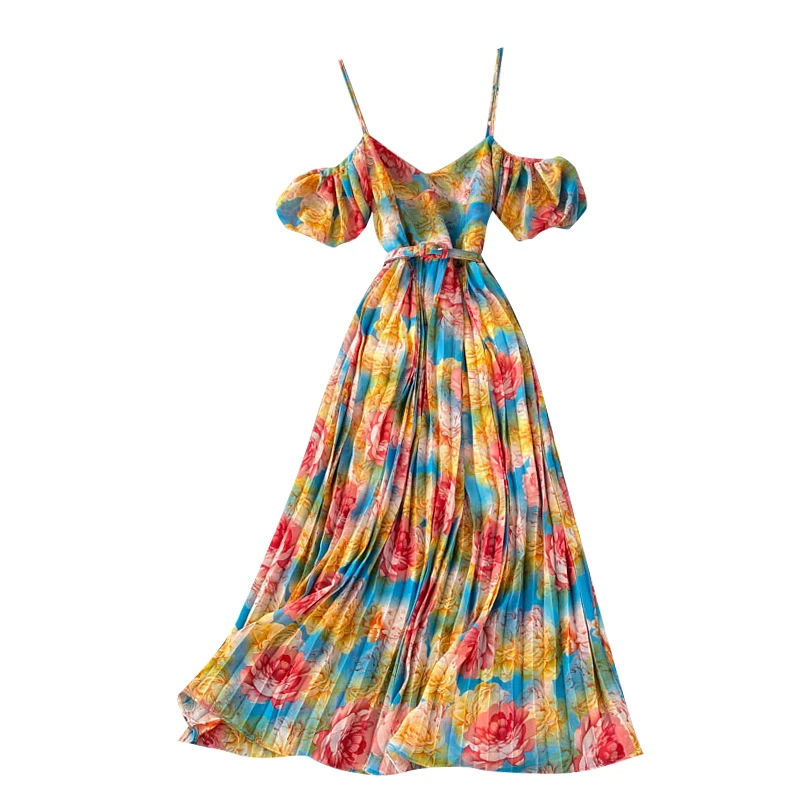 

Seaside beach dress female design puff sleeve off-shoulder sling long printed pleated dress womens A-Line sexy boho midi dress