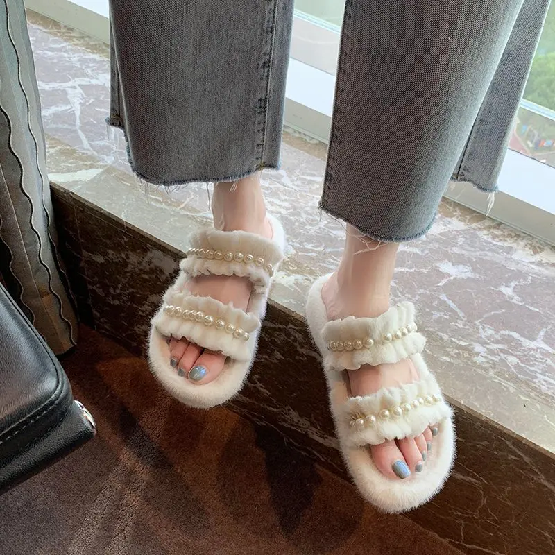 

Spring and Autumn 2020 new fashion all-match plush drag flat-bottomed slippers female pearl decoration flat-heel sandals X476