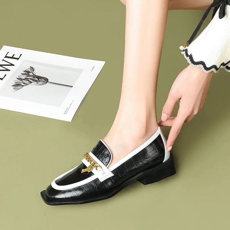 

JETT DRAGON New Women Party Prom Square Heeled Pumps Basic Concise Pumps Cow Leather Brand Square Head Shoes Woman Metal Chain