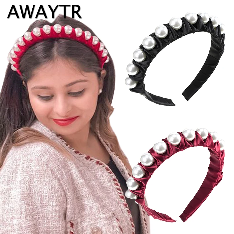 

AWAYTR Fashion Headband Hair Accessories Women's Pearls Wrapped Wide-brimmed Hairband Cute Girl Hair Hoop Headwear Boutique