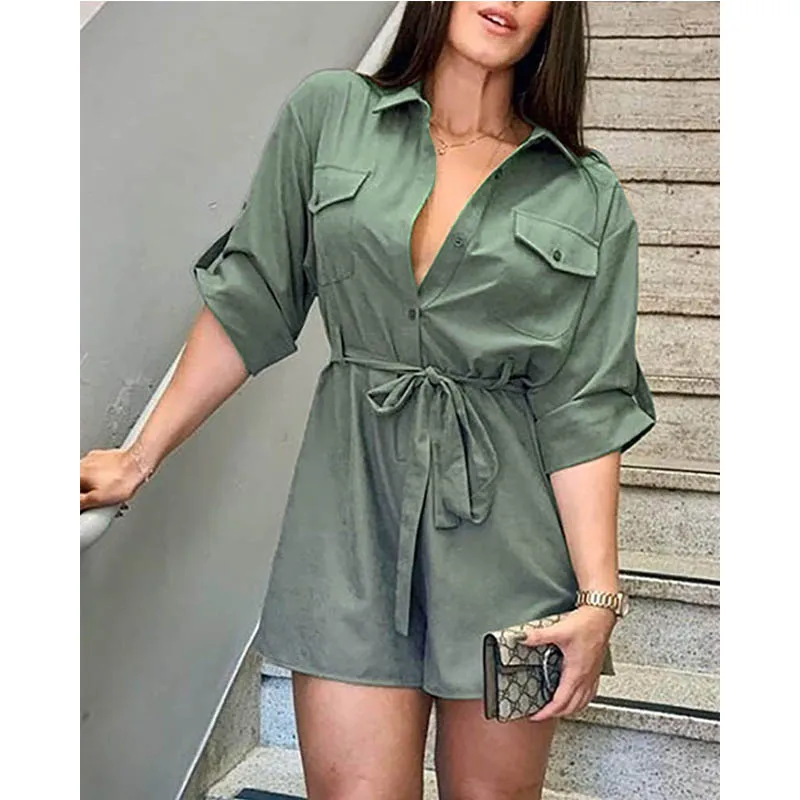 

Overalls Single Breasted Turn-down Loose Solid Streetwear Style Playsuits Women Rompers Short Sleeves Jumpsuit Wide Pants Short
