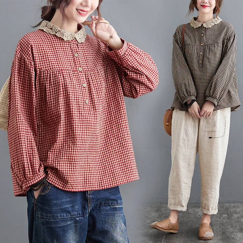 

Now Spring and Summer New Style Fat Sister Cotton and Linen Plaid Plus Size Peter Pan Collar Slimming All-matching Jum