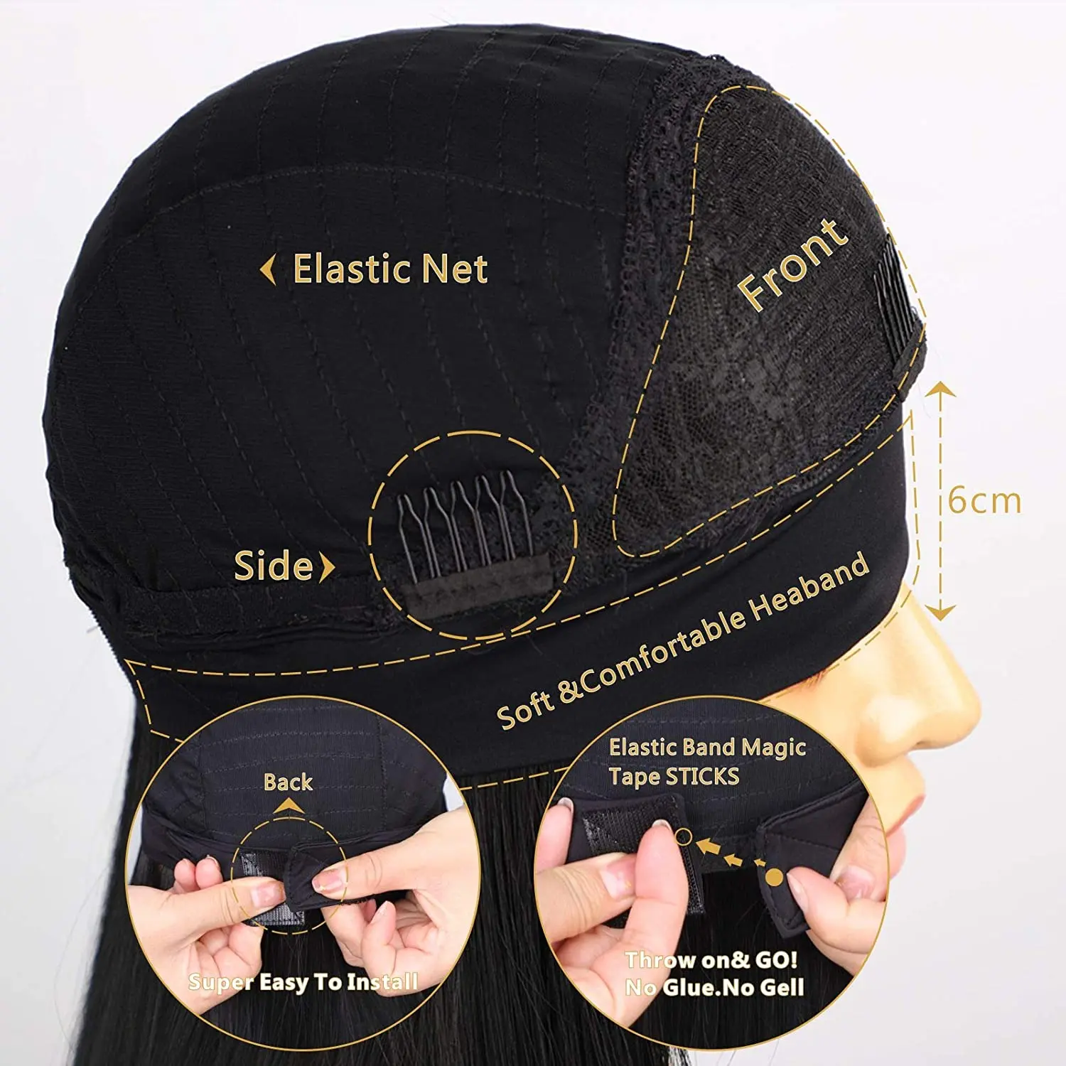 

24 Inch Straight Head Band Wig Natural Black Long Women's Headwraps Wigs Heat Resistant Synthetic Lolita Cosplay Wig with Turban
