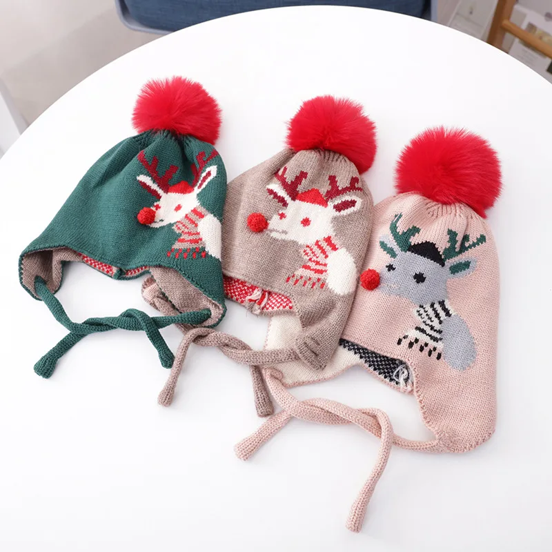 Вязаная шапка для маленьких мальчиков и девочек рождественские шапки с оленями