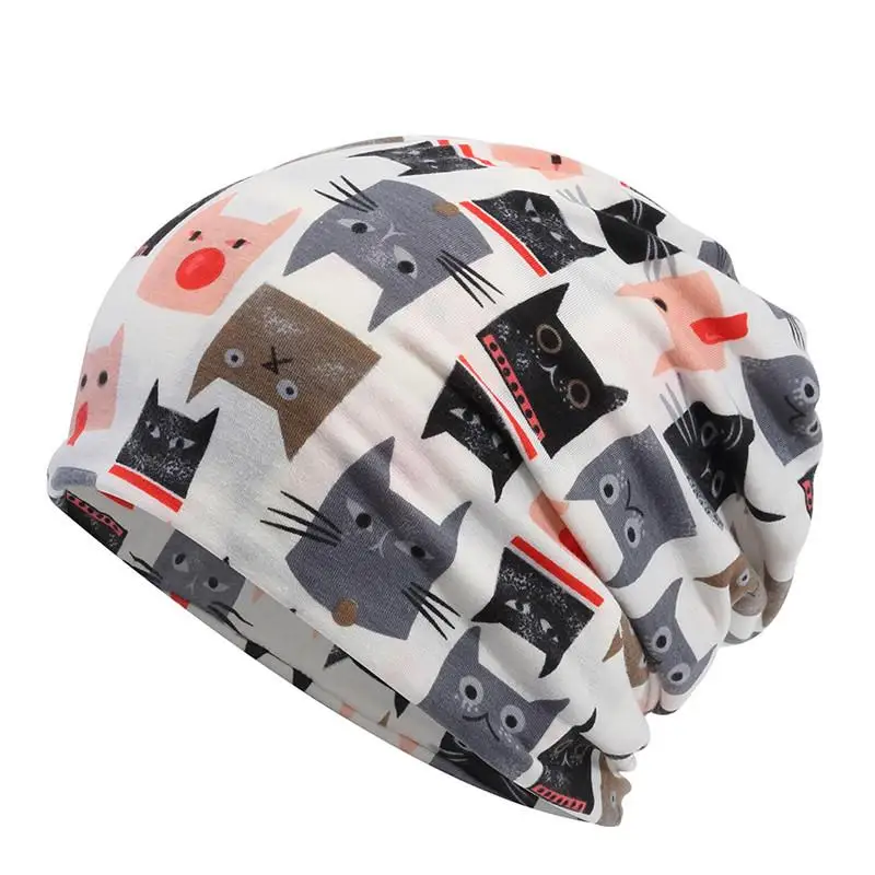 

2021 Cotton Autumn winter Skullies cap beanie hat Cartoon Cat print turban Hat scarf dual use for Men and Women 57