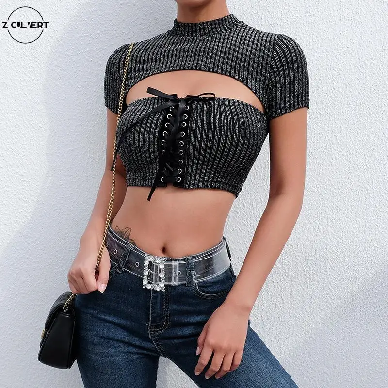 

2021 personality hipster new women's sexy hollow out band bright silk half high collar crop top woman Short sleeveT-shirt