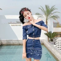 2022 new summer clothes sexy elasticity breasted denim crop top high waist mini skirt suits fashion 2 piece women sets y182