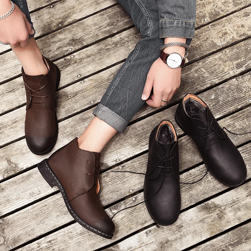 

Men Winter Boots Thick Plush Warm Motorcycle Boots Outdoor Fashion Man Snow Boots Autumn Leather Male Casual Shoes 38-44