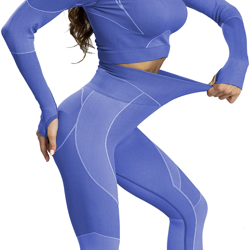2pcs/set Vital Women Sport Suit Gym Blue Set Workout Clothes Long Sleeve Fitness Crop Top+ High Waist Energy Seamless Leggings