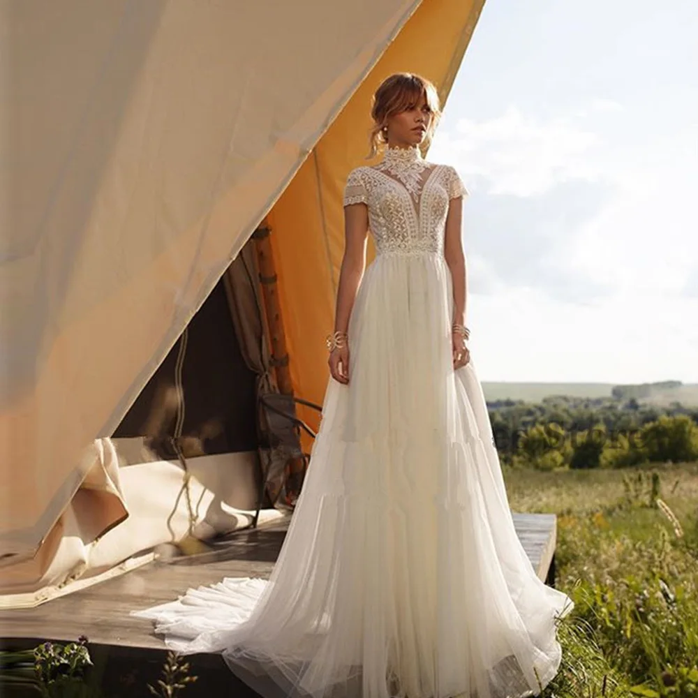 

Винтажное свадебное платье в стиле бохо 2021, кружевное женское платье с коротким рукавом, а-силуэт, цвет слоновой кости