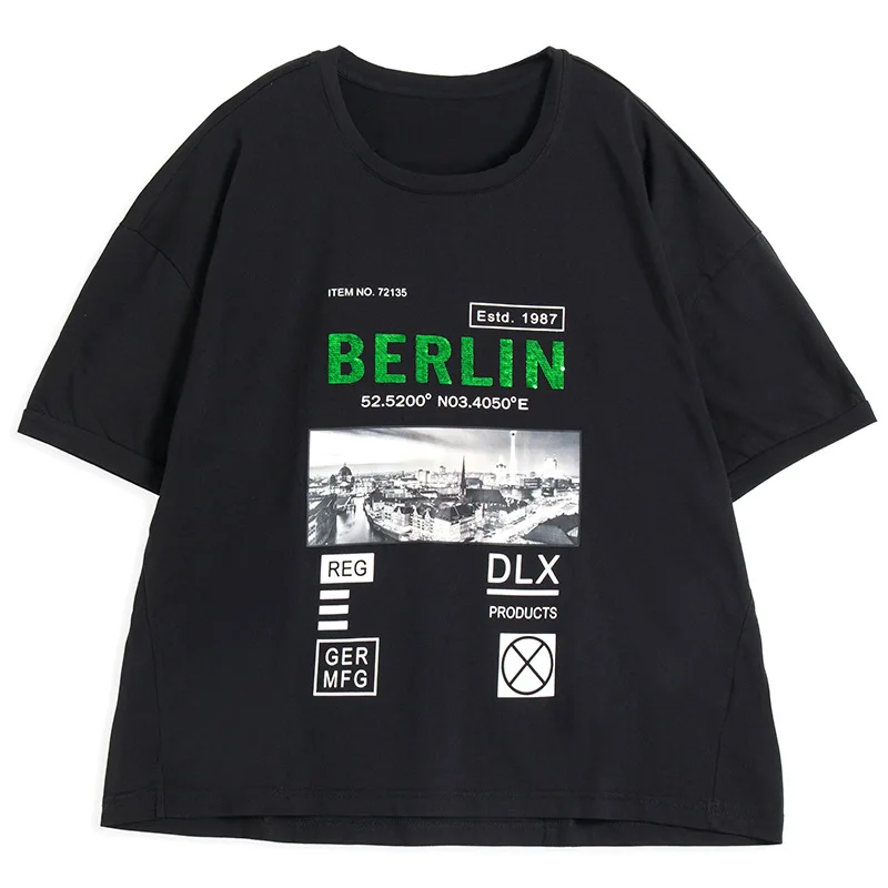 

2021 New Summer Casual Black T Shirt Stylish Girl Street Snap Letters Print Pattern Loose Harajuku Green Women Tees Dropshipping
