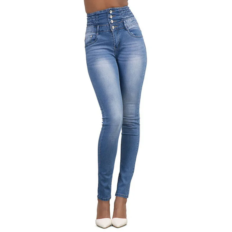 light blue S-3XL женские весенние и осенние обтягивающие джинсы женские с высокой талией тонкие пуговицы стрейч повседневные джинсы - Цвет: light blue