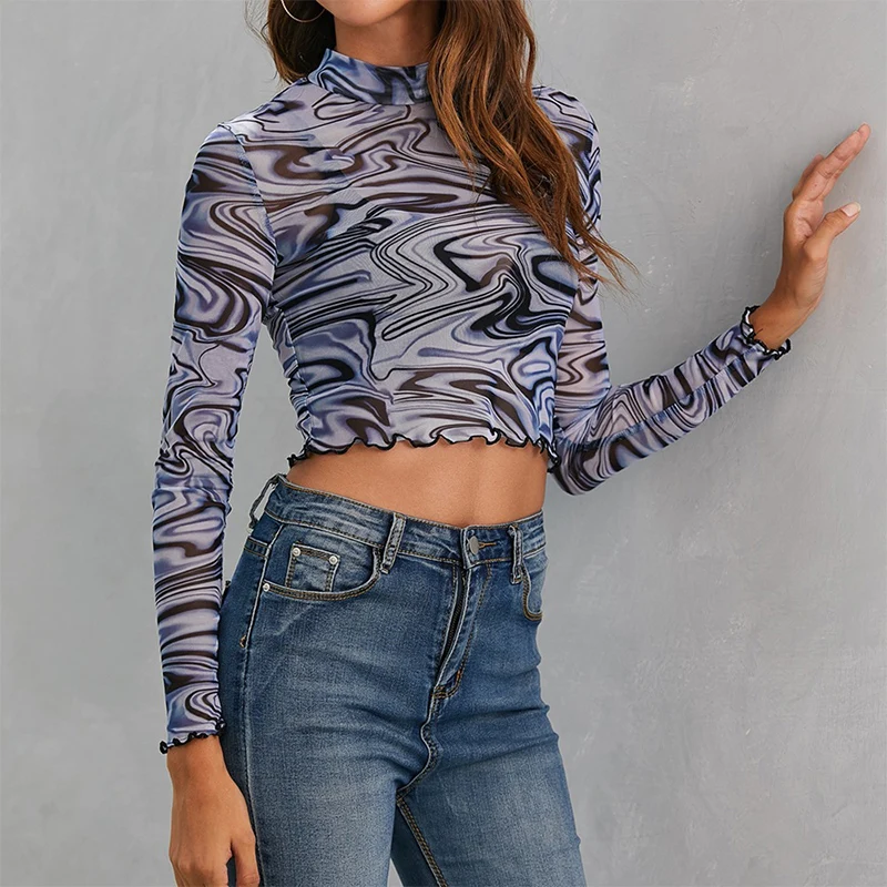 

E Girl Print Long Sleeve Crop Tops T Shirts Women Transparents Ruffles Hems Mesh Tops Turtleneck Tshirt Y2k Aesthetic Streetwear