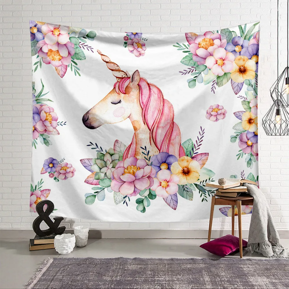 Розовый гобелен в виде единорога цветов милый мультяшный рисунок|Гобелен| |