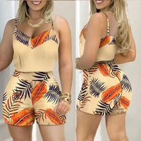 two piece suit sets women casual summer wear v neck backless sleeveless floral print sling top shorts pants set with belt