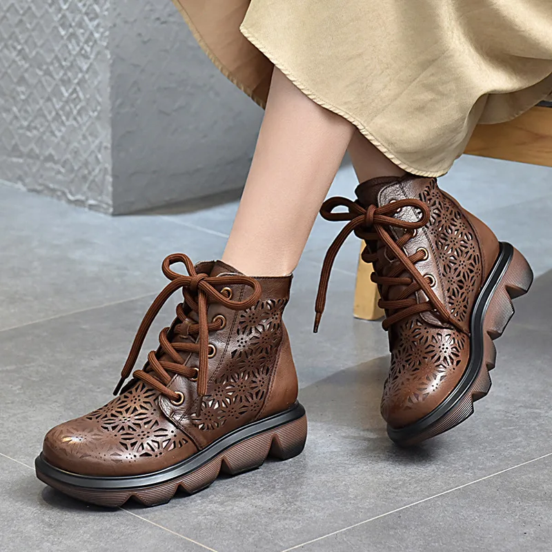 

Genuine Leather Hollow Sandals Hole Shoes 2021 Summer Leather Platform Platform Sandals Lace-up Martin Boots Women