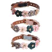 pu leather cat collar with crystal and flowers adjustable bling rhinestone kitten collars for pets kitty and small dogs puppy